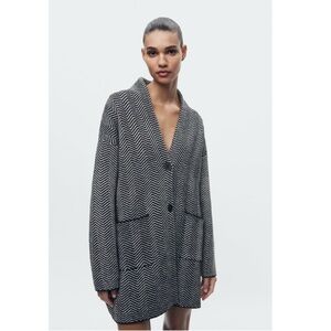 Zara Black and White Herringbone Coat/Cardigan